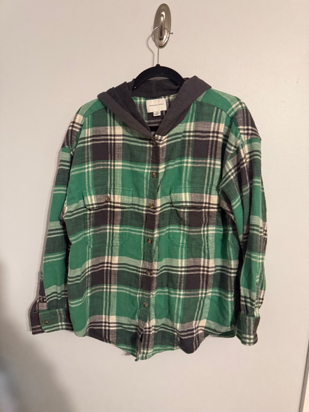 American Eagle Green Plaid Hooded Flannel Shirt - Large - Boyfriend Fit